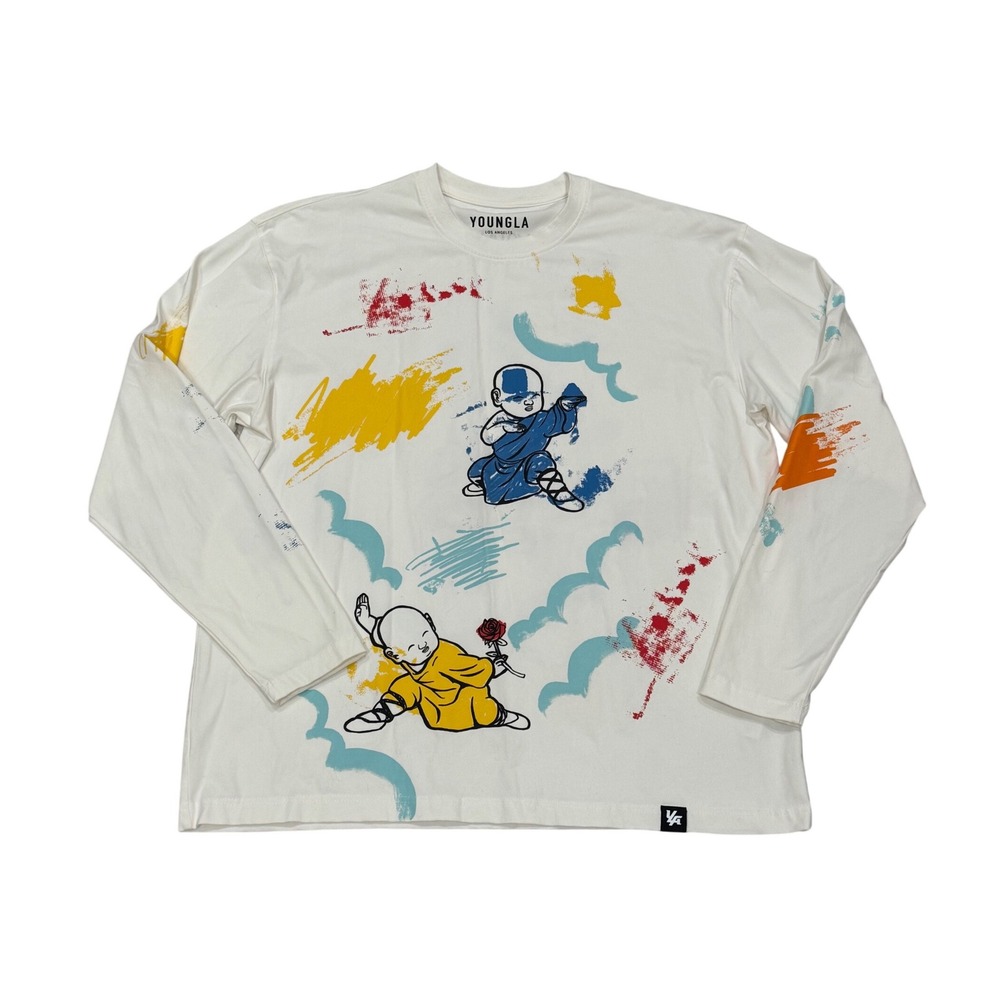 YoungLA Long Sleeve Graphic Tee Mens XL White Monk Paint‎ Splatter Streetwear